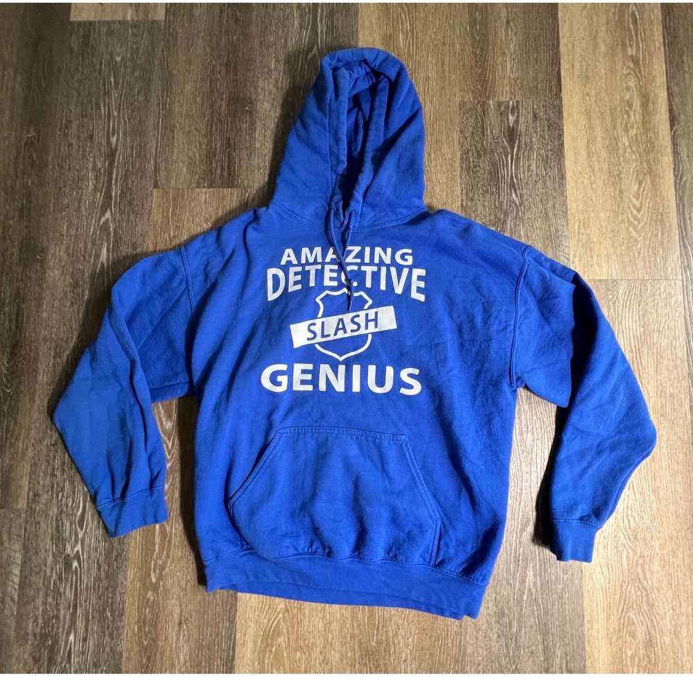 Gildan Amazing Detective Slash Genius Hoodie Mens Large Blue Graphic Sweatshirt
